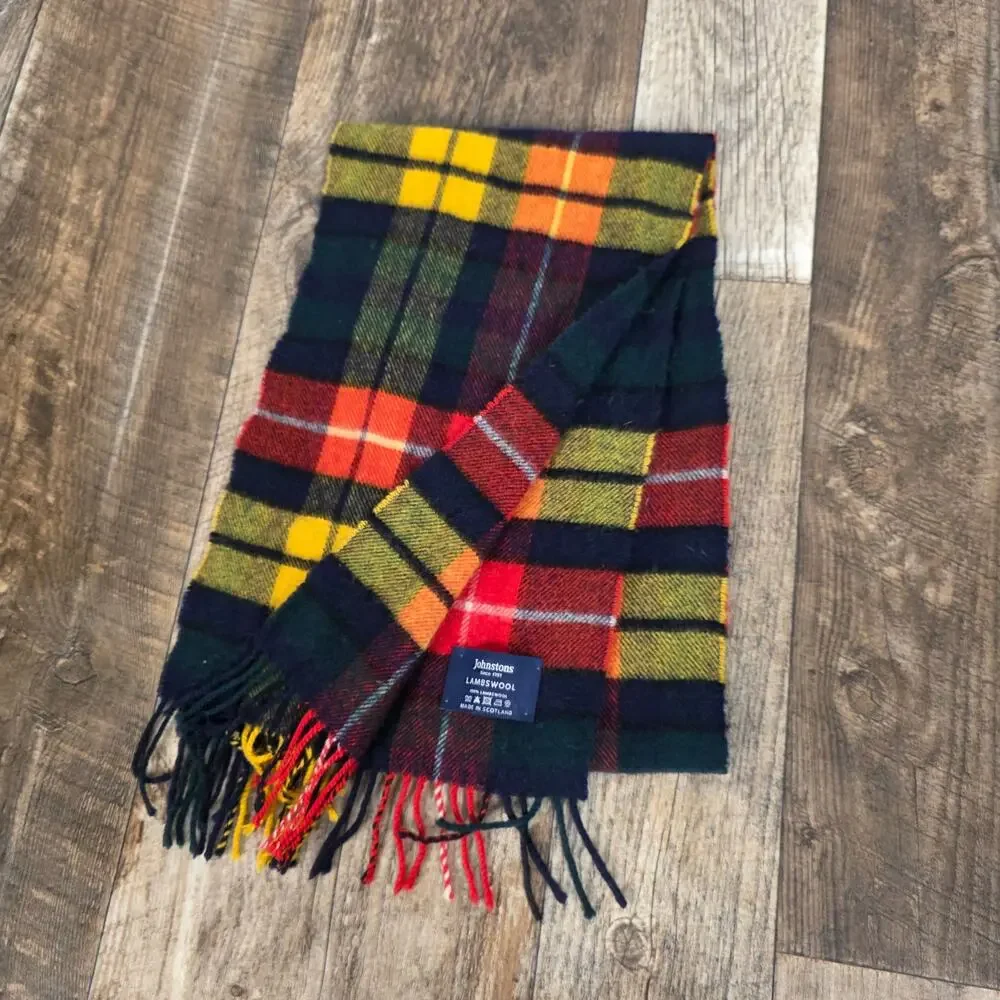 Johnstons of Elgin Scotland 100% Lambswool Tartan Plaid Scarf Multicolor Fringe